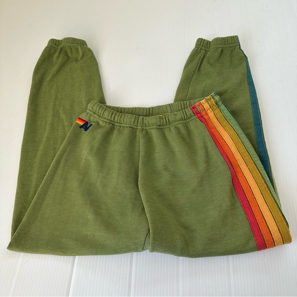 Aviator Nation 6 Stripe Classic Rainbow Sweatpants Jungle Green, S - Picture 6 of 10